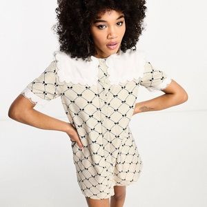 Sister Jane oversized collar pearl mini dress in tan print